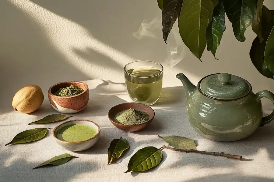 Guava leaves displayed alongside a teapot